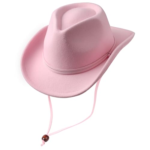 AQOKKA Cowboy Hat Wide Brim Western Cowgirl Hat with Buckle Belt Felt Fedora Cowboy Hat for Girl - color: Light Pink
