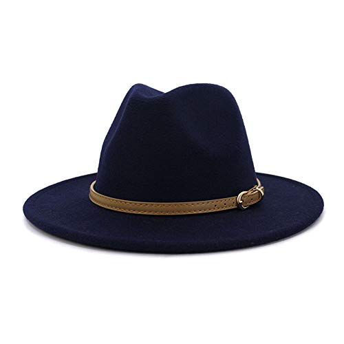 Lisianthus Women Classic Felt Fedora Wide Brim Hat with Belt Buckle - color: Navy Blue