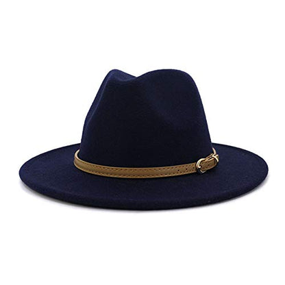 Lisianthus Women Classic Felt Fedora Wide Brim Hat with Belt Buckle - color: Navy Blue