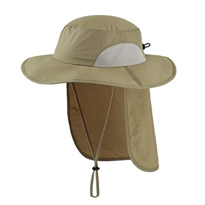 Home Prefer Outdoor UPF50+ Mens Sun Hat with Neck Flap Womens UV Protection Hat Wide Brim Safari Fishing Hiking Gardening Hat - color: Light Khaki Green