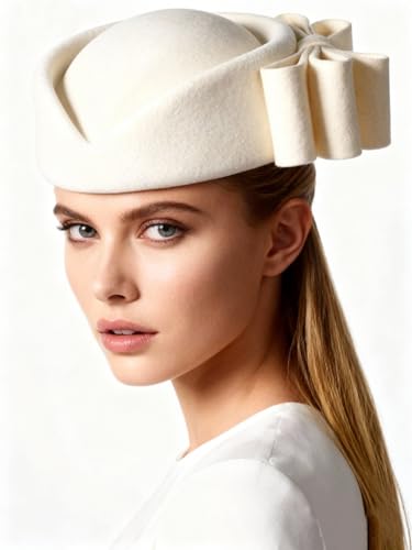 HIMESPORT Wool Felt Bowler Fascinators Hats for Women Ladies Female Elegant Wedding Tea Party Beret Hat with Bowknot - color: White 1