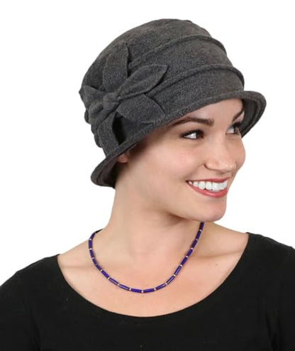 Fleece Flower Cloche Hat for Women Chemo Cancer Ladies Headwear 50+ UPF - color: Grey