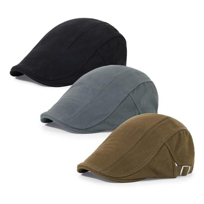 3Pcs Cotton Newsboy Hat for Men Cool Adjustable Flat Cap - color: Black+darkgrey+coffee