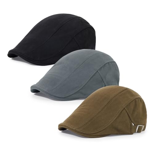3Pcs Cotton Newsboy Hat for Men Cool Adjustable Flat Cap - color: Black+darkgrey+coffee