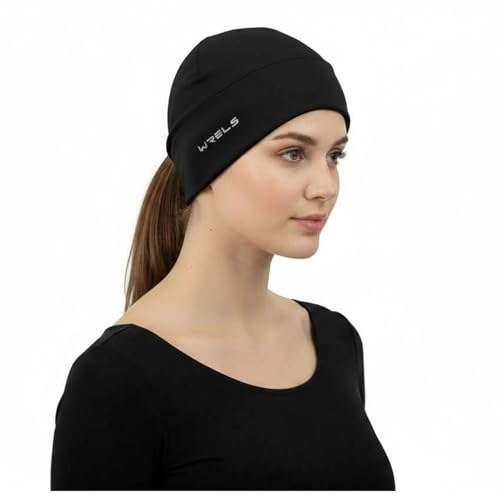 WRELS Thermal Running Skull Cap with Ear Flaps - Winter Hat for Men & Women, Windproof Athletic Beanie Helmet Liner - color: Women-black