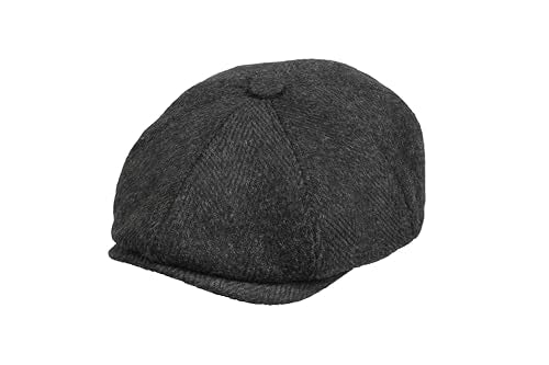 8 Panel Wool Blend Newsboy Cap – Classic Tweed & Herringbone Baker Boy Hat for Men & Women - color: Black Herringbone, size: XX-Large