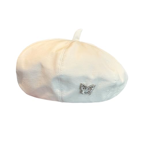 MINGSEECESS Women PU Leather French Black Beret Hat Causal Beanie Hat - color: Butterfly-white