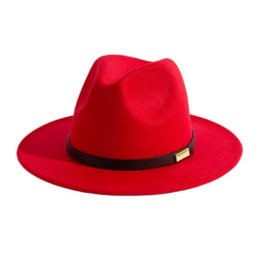 Fedora Hats for Men Wide Brim Panama Hat with Classic Belt - color: Red
