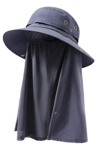 Plus Size XL XXL Sun Hats for Men Bucket Boonie UV Protection UPF50+ Waterproof Wide Brim Foldable Fishing Beach - color: Dark Gray With Neck Flap Face Cover, size: Large-X-Large