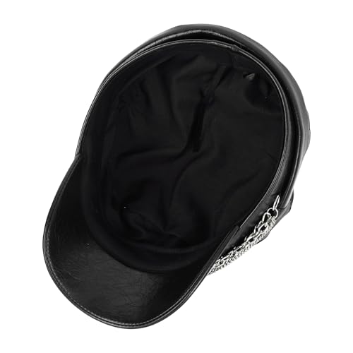 Women Metal Chain Flat Top PU Leather Newsboy Paperboy Hat Painter Cap - color: Chains Black