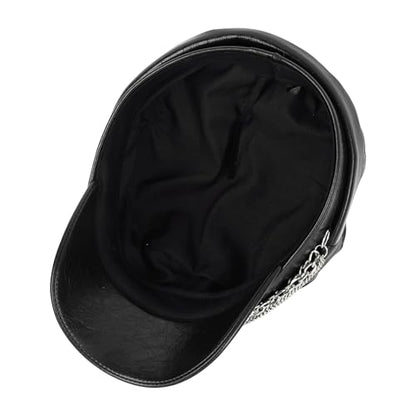 Women Metal Chain Flat Top PU Leather Newsboy Paperboy Hat Painter Cap - color: Chains Black