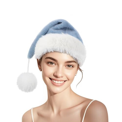 Personalized Santa Hat for Adults, Super Soft Plush Holiday Christmas Hat, Xmas New Year Party Headwear - color: Plush-light Blue