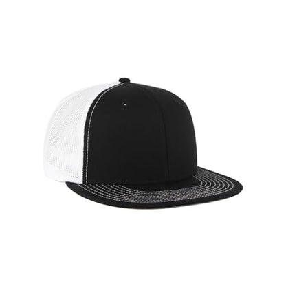 Ashen Fane 6 Panel Mid Profile Mesh Back Structured Trucker Adjustable Snapback Hat - color: Blk/Blk/Wht Ver.2