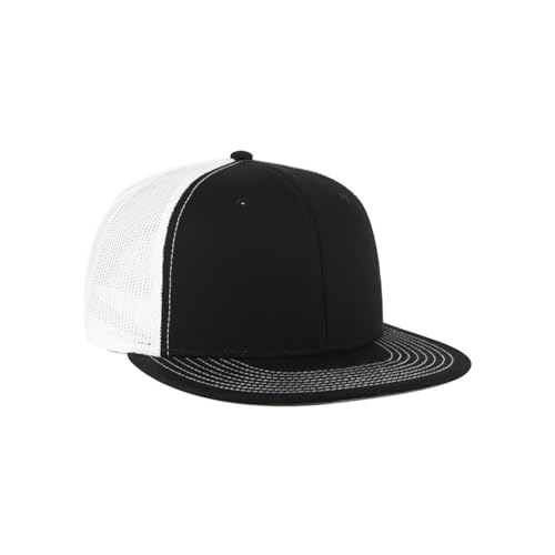 Ashen Fane 6 Panel Mid Profile Mesh Back Structured Trucker Adjustable Snapback Hat - color: Blk/Blk/Wht Ver.2