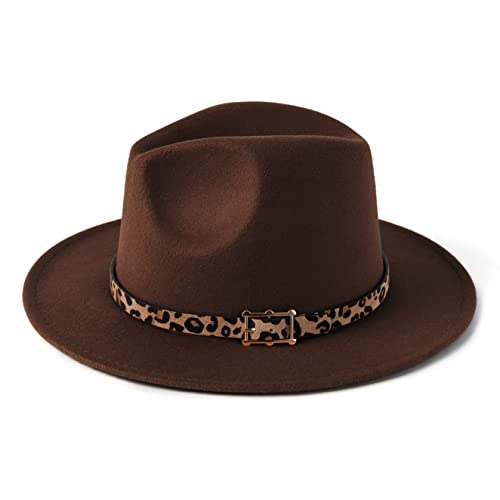Women's Wide Brim Felt Fedora Panama Hat with Leopard - color: Coffee
