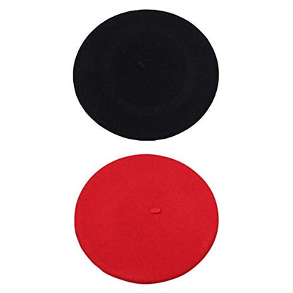 French Beret - Wool Solid Color Womens Beanie Cap Hat - color: 2pcs Black and Red