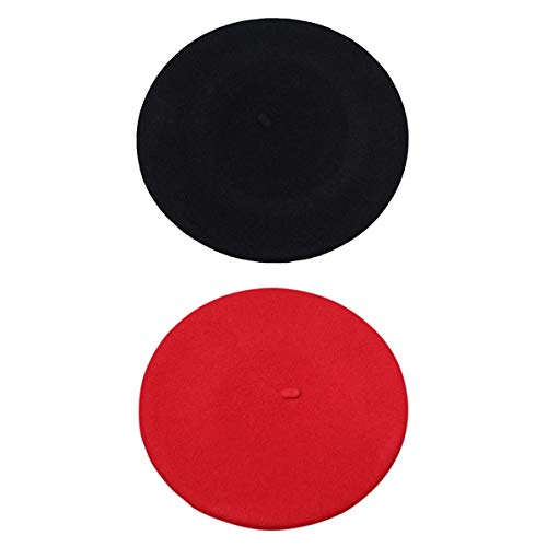 French Beret - Wool Solid Color Womens Beanie Cap Hat - color: 2pcs Black and Red