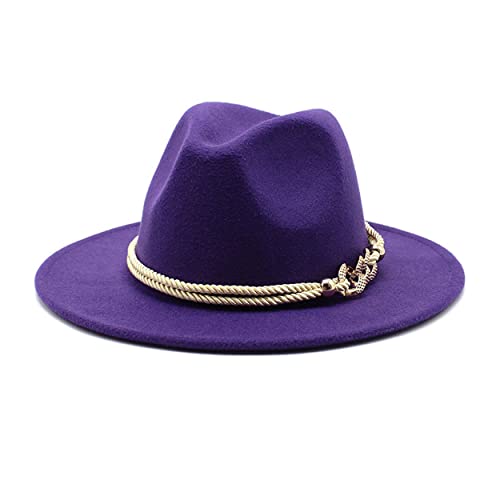 Lady Wide Brim Felt Fedora Panama Hat with Ring Belt - color: Purple, size: Medium
