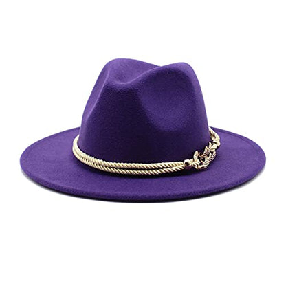Lady Wide Brim Felt Fedora Panama Hat with Ring Belt - color: Purple, size: Medium