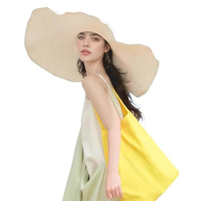 Women's Super Wide Brim Sun Hat - Extra Large Floppy Beach Bucket Hat, Foldable Summer Sun Protection Outdoor Travel Cap - color: Beige
