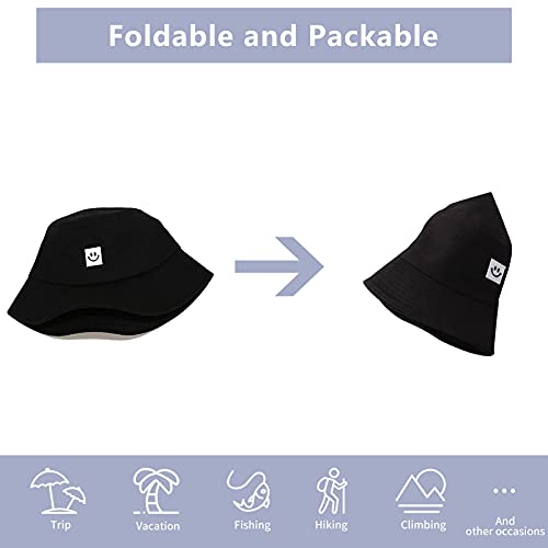 Kids Sun Hat Smile Face Bucket Hat for Girls Boys Summer Sun Protection Cotton Unisex Beach Cap - color: Black
