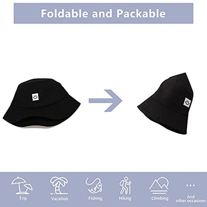 Kids Sun Hat Smile Face Bucket Hat for Girls Boys Summer Sun Protection Cotton Unisex Beach Cap - color: Black