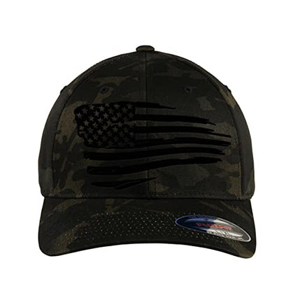 The Blackout American Flag 6277 Flex Fitted Baseball Cap - Custom Embroidered Black USA Flag Flex-Fitted Baseball hat - color: Multicam Black Camo, size: Large-X-Large