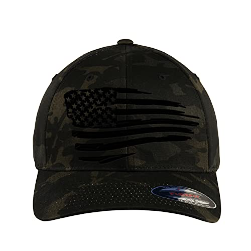 The Blackout American Flag 6277 Flex Fitted Baseball Cap - Custom Embroidered Black USA Flag Flex-Fitted Baseball hat - color: Multicam Black Camo, size: Large-X-Large