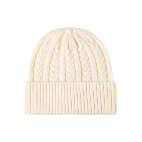 Winter Cable Knit Hat Elasticity Cuffed Thick Soft Beanie Skull Cap for Women Men - color: White