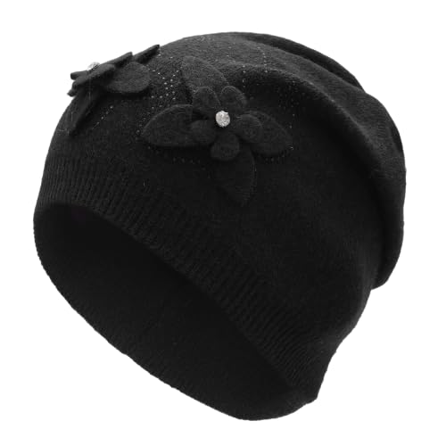 ZLYC Women Floral Slouchy Beanie Hat Double Layer Winter Knit Skull Cap - color: Dual Flowers Black