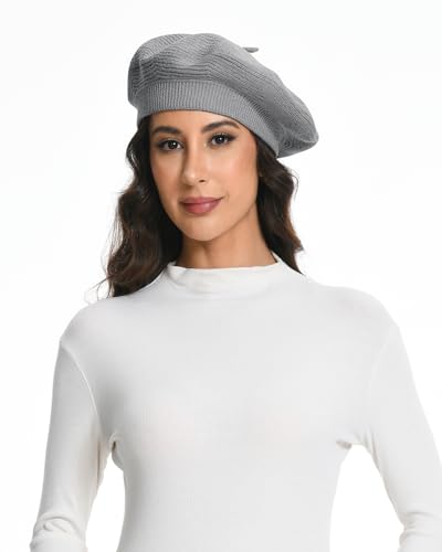 Cotton Knitted Women Beret Hat, French Style Solid Color Beret, Winter Autumn Warm and Soft Beanie Hat - color: Gray