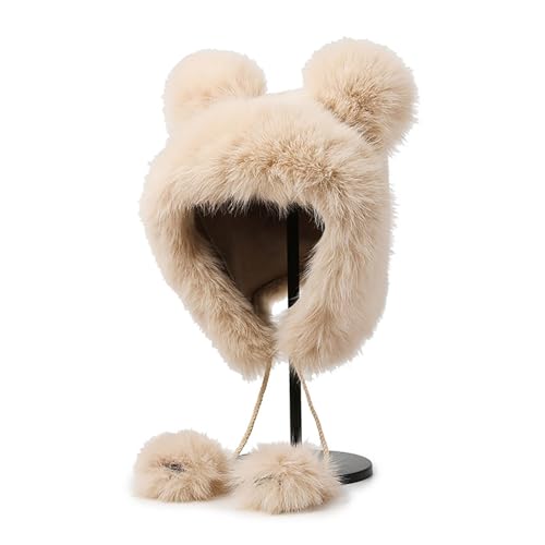 Winter Faux Fur Hat with Ears Flaps Fluffy Bear Beanie Cap Animal Lovers Gift - color: Khaki