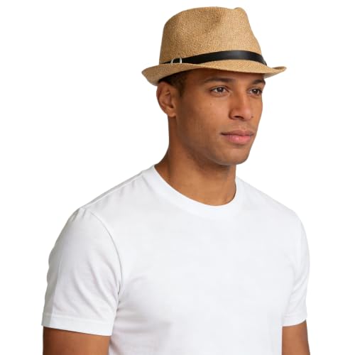 Straw Fedora Hat for Men Women Short Brim Trilby Hat Packable Roll Up Panama Jazz Cap Summer Beach Sun Cap - color: Dark Brown