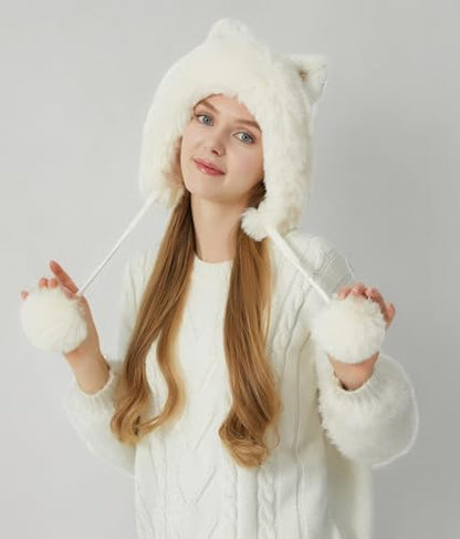 HUAMULAN Women Winter Sherpa Knit Beanie Hat Fleece Lined Ear Flaps - color: Cream White
