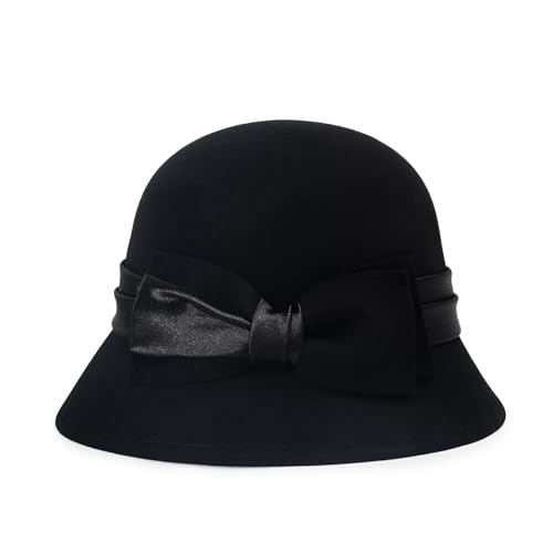 Women Cloche Felt Hat Winter Wool Bucket Hat Vintage Fedora Bowler Hat - color: 2-black