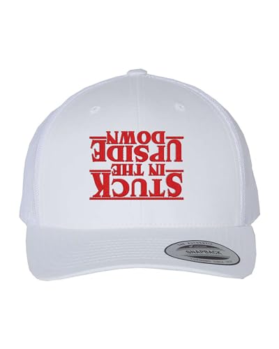 Go All Out Stuck in The Upside Down Dad Deluxe Trucker Flatbill Baseball Structured Embroidered Hat - color: White