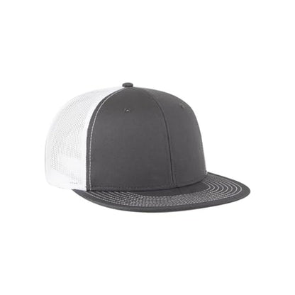 Ashen Fane 6 Panel Mid Profile Mesh Back Structured Trucker Adjustable Snapback Hat - color: Ch.gry/Ch.gry/Wht
