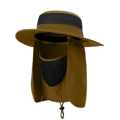 Outdoor Sun Hat UPF 50 Protection Waterproof Fishing hat Face Cover Summer Neck Flap Hat - color: Caramel