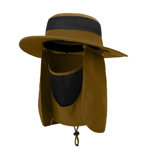 Outdoor Sun Hat UPF 50 Protection Waterproof Fishing hat Face Cover Summer Neck Flap Hat - color: Caramel