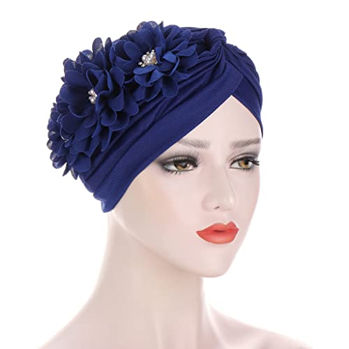 Flower Pre-Tied Turban Beanie, Soft Chemo Cap for Women Cancer Hair Loss - color: Blue