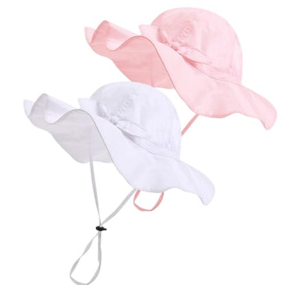 Baby Girl Sun Hat with UPF 50+ Outdoor Adjustable Beach Hat with Wide Brim Bucket Hats - color: Pink & White -2pcs, size: 2-3T