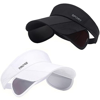Sun Visor Hat for Women and Men - Retractable Brim Sport Hat, Summer Golf Tennis Running Beach Hat with Ponytail Hole - color: Z-2 Pack Black White