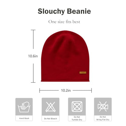 100% Merino Wool Slouchy Beanie Hat, Women Warm Winter Caps Soft, Ladies Breathable & Cozy Stretchy Knitted Skull Cap - color: Chili Red