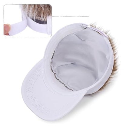 Adjustable Sun Visor Hat with Wig Spiked Hairs Fashion Baseball Golf Cap for Men & Women - color: White+brown Hair