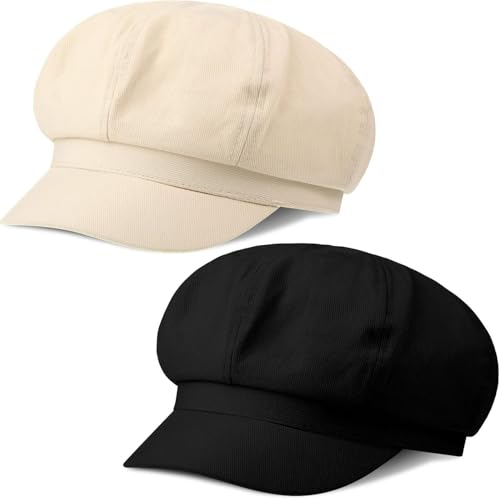 stablerice 2Pcs Newsboy Hats for Women Summer Hats Visor Beret Hat 8 Panels Cabbie Hat Octagonal Cap for Women - color: Black & Beige
