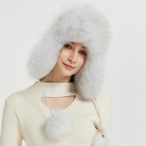 Women Real Fur Trapper Hat Sheepskin Leather Aviator Hat Ear Flaps Ushanka Hat Snow Hat with Pom Pom - color: Nature Blue Fox