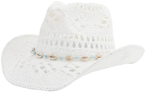 Straw Cowboy Hat for Women and Men with Shapeable Wide Brim Sun Beach Western Cowgirl Hat - color: White-m