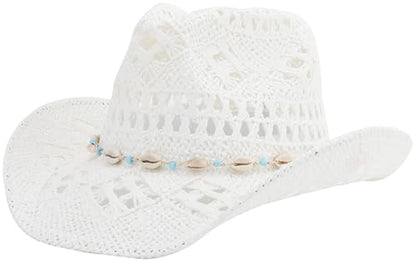 Straw Cowboy Hat for Women and Men with Shapeable Wide Brim Sun Beach Western Cowgirl Hat - color: White-m