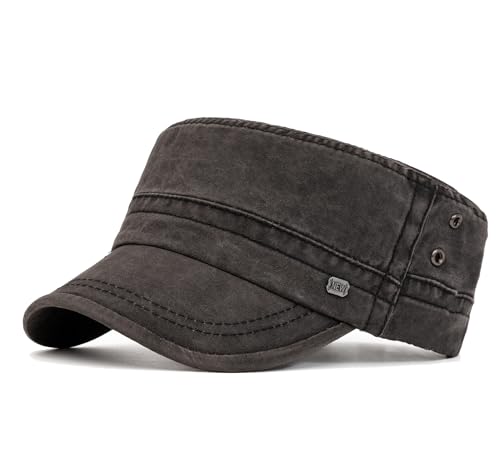 Military Cadet Army Cap for Men Women-Washed Cotton Vintage Adjustable Flat Top Baseball Hat - color: Distressed Black