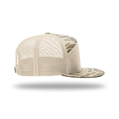 Richardson 168 Hi-Pro 7 Panel Adjustable Snapback Trucker Mesh Back Cap - color: Harvest Duck Camo/Sandstone